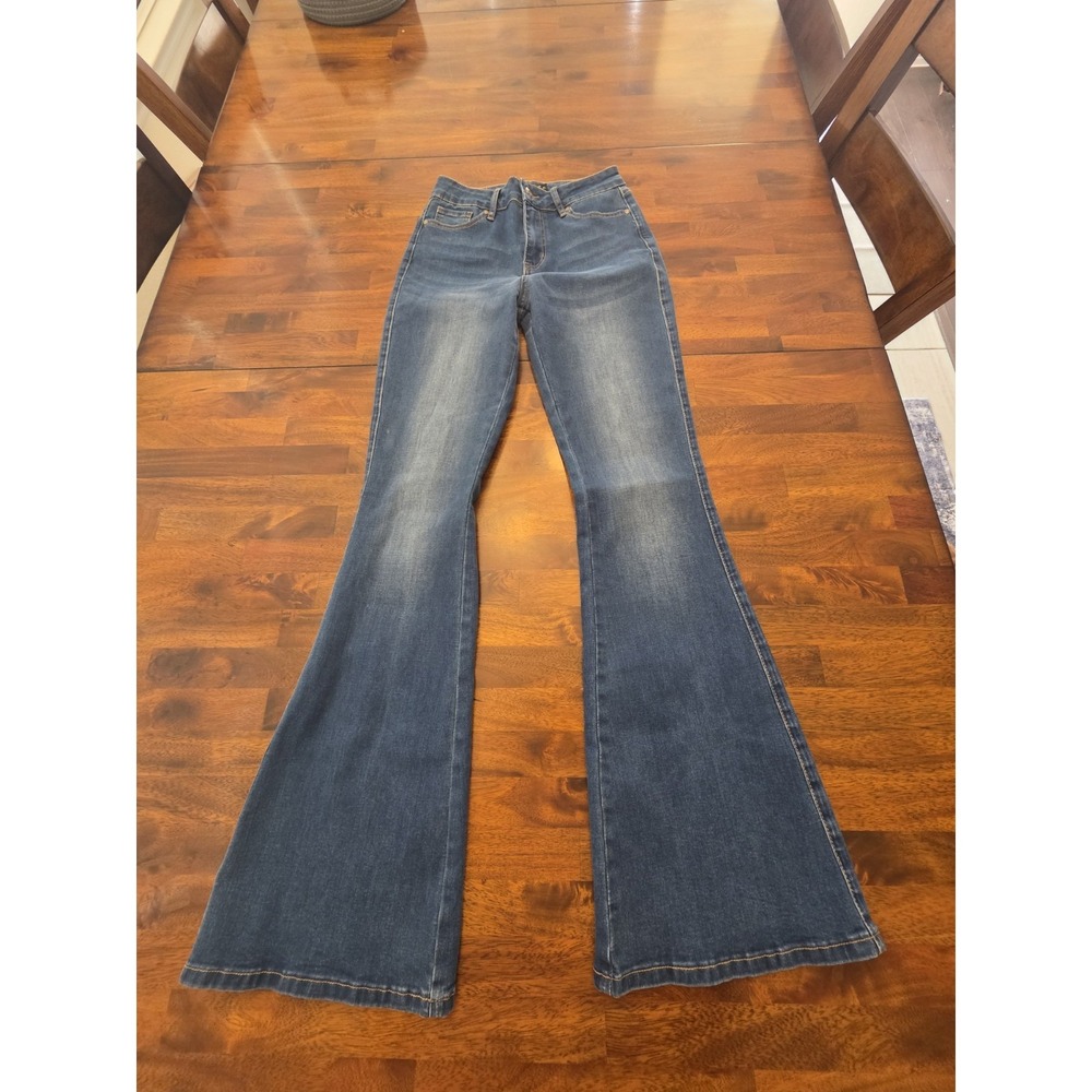 Flying Banana Jeans‎ Women Blue Flared High Rise Pants Dark Wash Stretch Denim